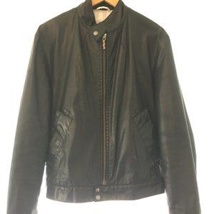 Nudie brand waxed cotton black jacket with straight stand collar, zip & snaps